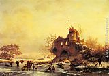 River Wall Art - Winter Landscape with Skaters on a Frozen River beside Castle Ruins